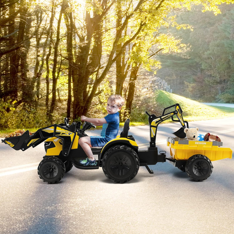 Yellow 12V Electric Ride-On Excavator Bulldozer Rubber Tires with Trailer for Kids - Remote Control Included