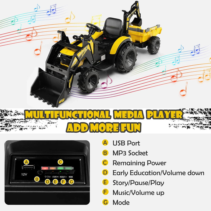 Yellow 12V Electric Ride-On Excavator Bulldozer Rubber Tires with Trailer for Kids - Remote Control Included