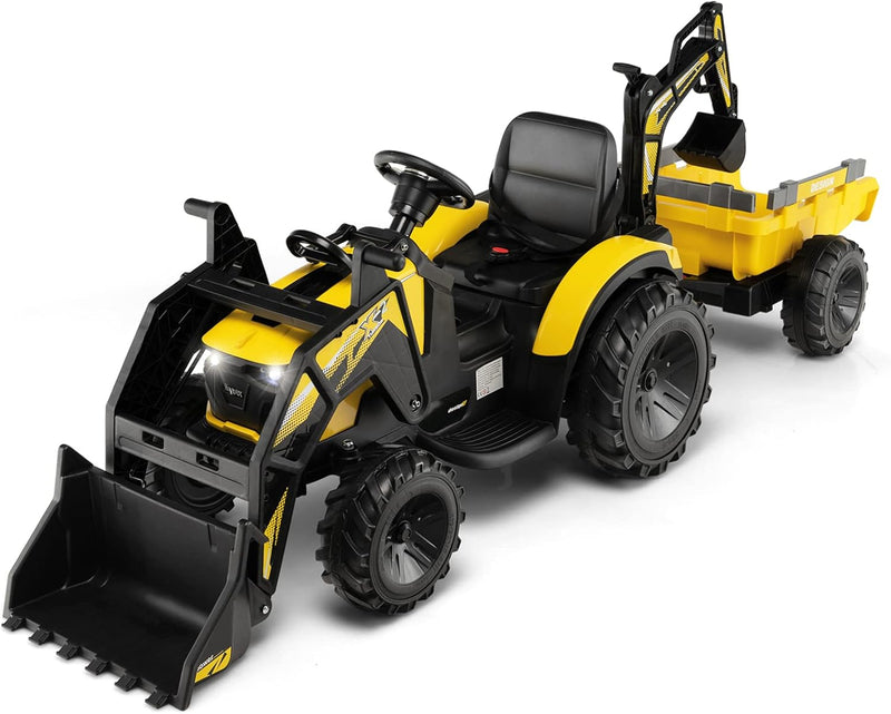 Yellow 12V Electric Ride-On Excavator Bulldozer Rubber Tires with Trailer for Kids - Remote Control Included