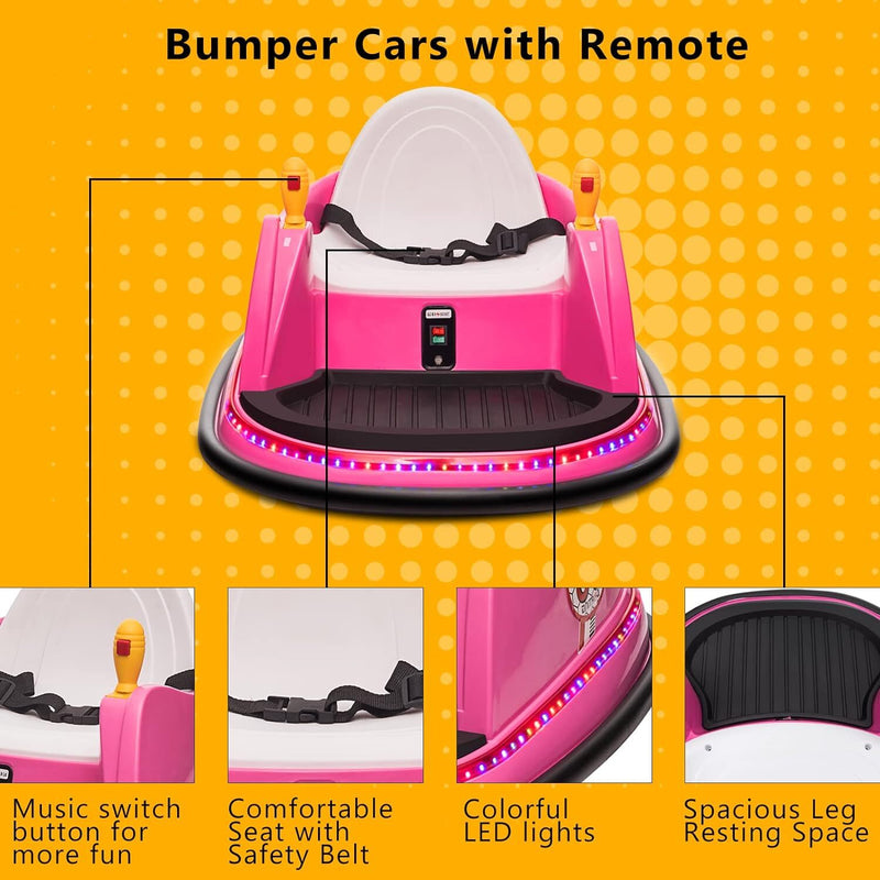 12V Kids Ride-On Bumper Car with Remote Control, 360° Spin, and Flashing Lights for Toddlers