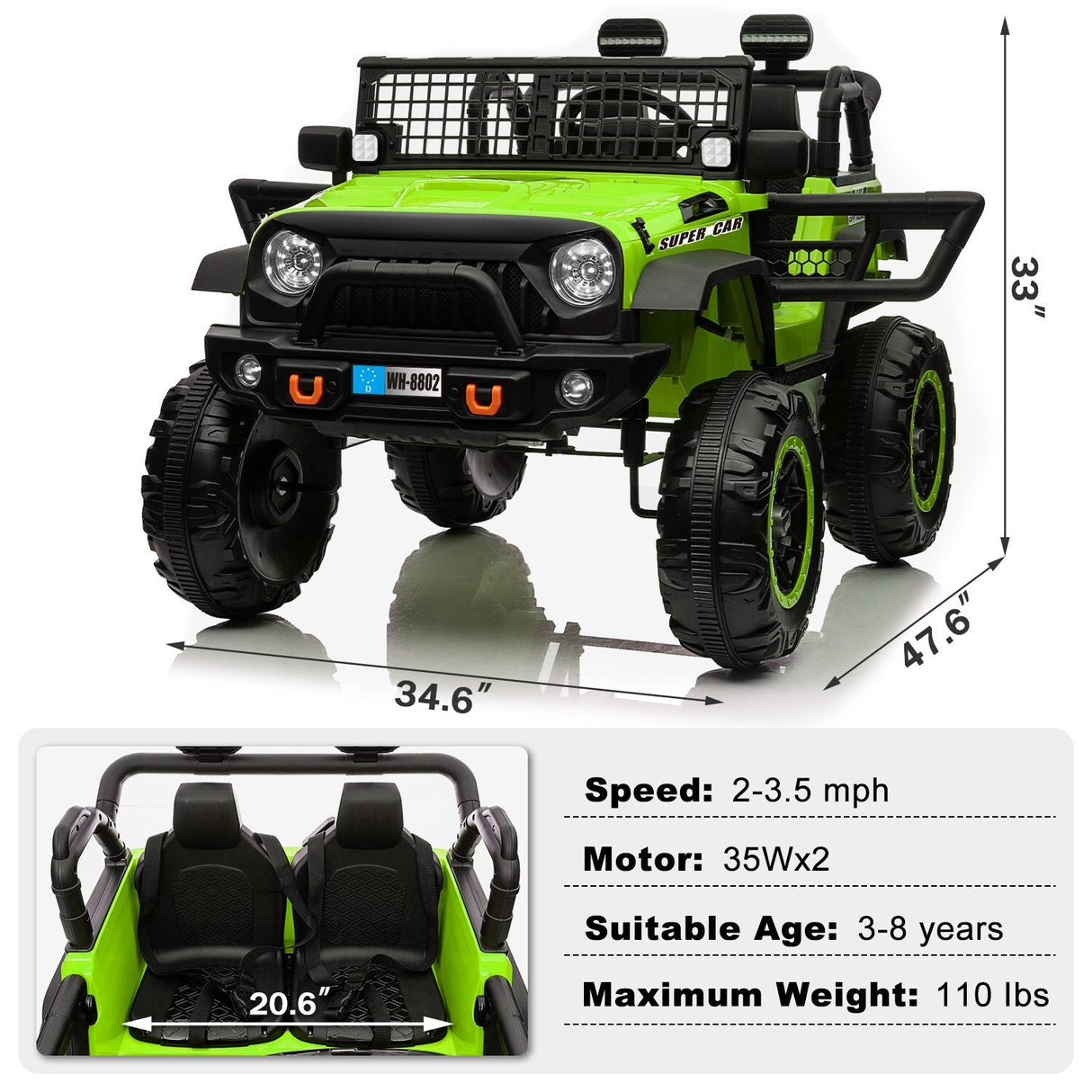 12V Electric Kids Ride-On Truck with Remote Control and 2 Seats, Green