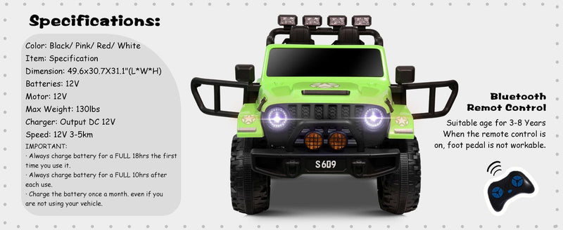 12V Electric Kids Ride-On Jeep Truck with Remote Control Battery-Powered Car Green