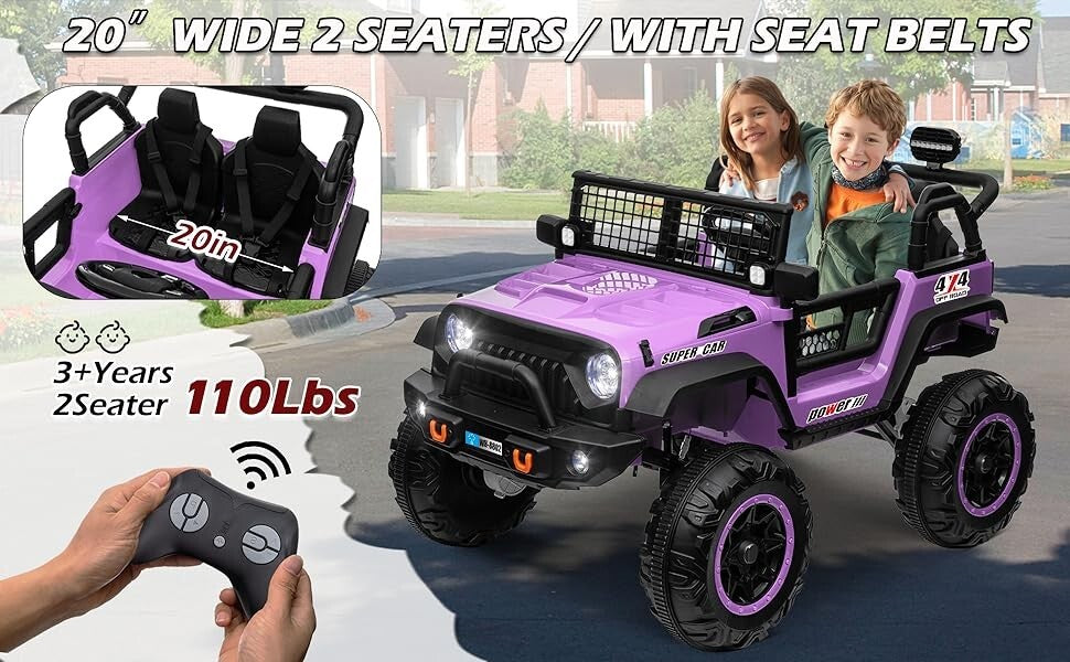24V Electric Kids Ride-On Car with 2 Seats and 4WD/2WD Switch - Purple
