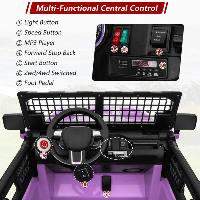 24V Electric Kids Ride-On Car with 2 Seats and 4WD/2WD Switch - Purple