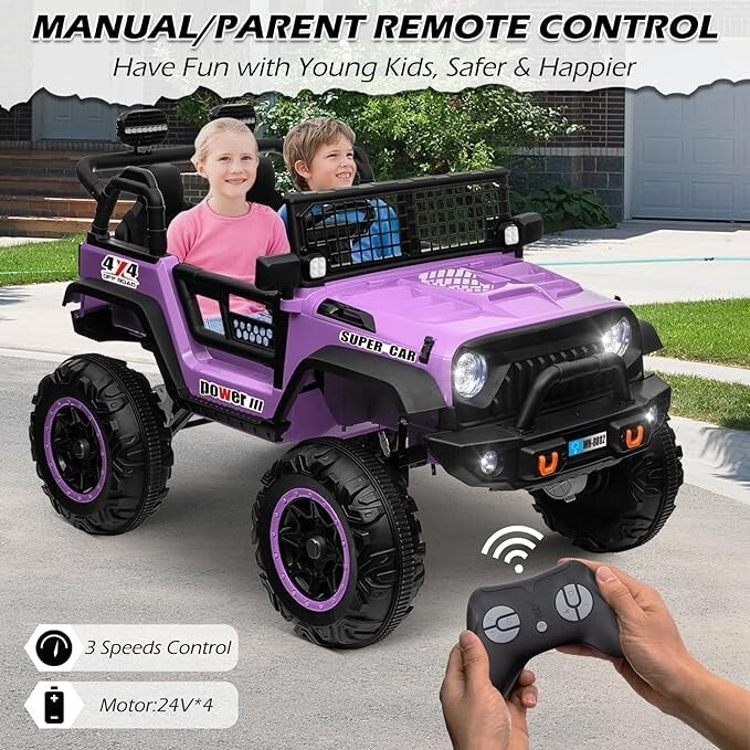 24V Kids Electric Ride-On Truck Purple 2-Seater Switchable 4WD/2WD