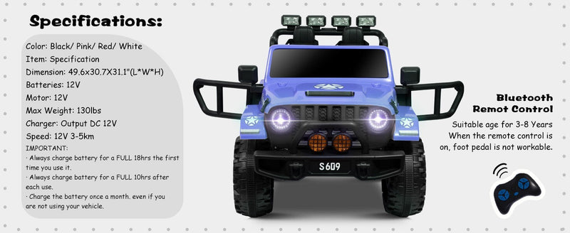 12V Electric Ride-On Jeep Truck for Kids with 2 Seats, 3 Speeds, and Remote Control, Blue