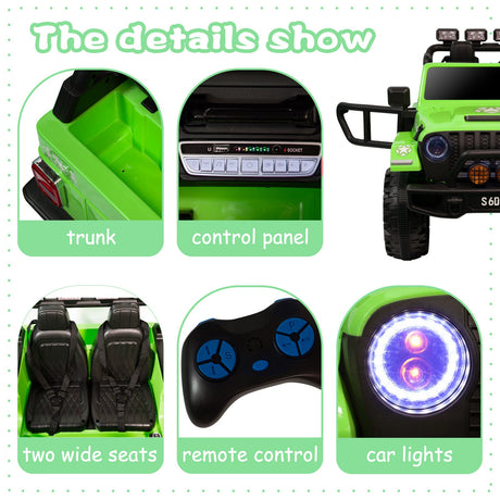 12V Electric Ride-On Jeep Truck for Kids, 2-Seater with 3 Speeds and Remote Control