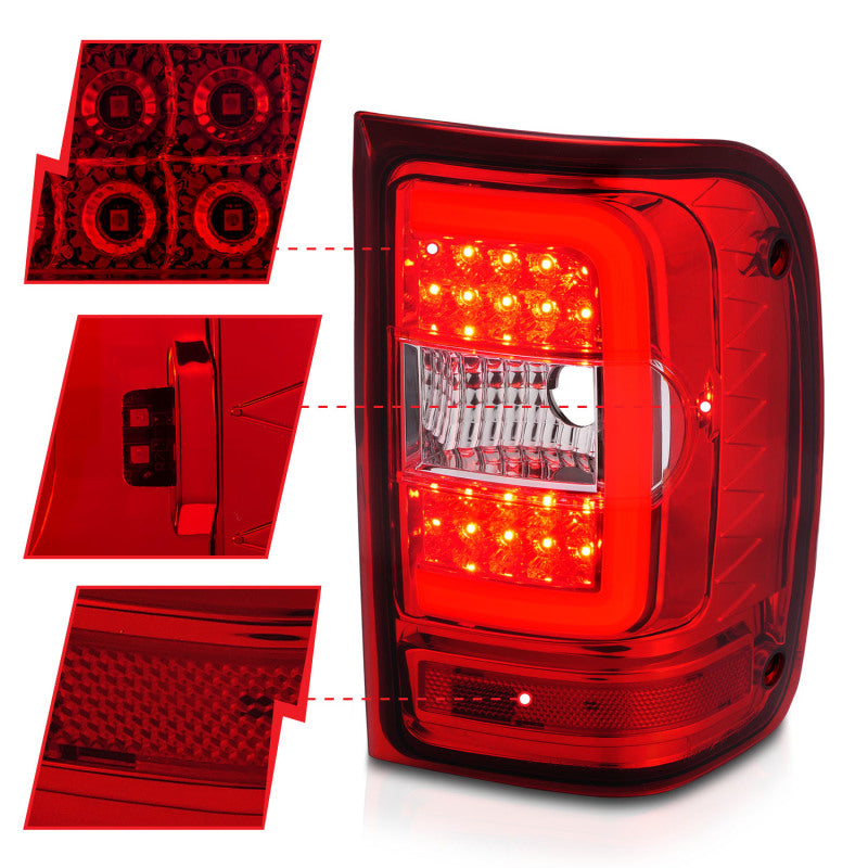 Feux arrière à LED ANZO 2001-2011 Ford Ranger avec barre lumineuse, boîtier chromé, lentille rouge/transparente