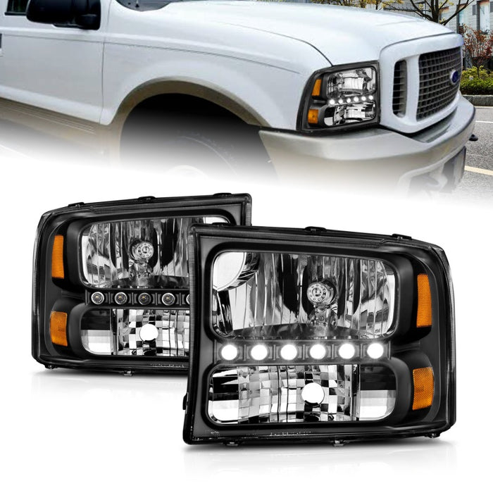 Phares avant en cristal ANZO 2000-2004 Ford Excursion noir avec LED 1 pièce