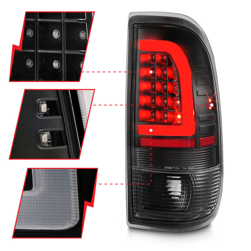Feux arrière à LED ANZO 1997-2003 Ford F-150 avec barre lumineuse, boîtier noir, lentille transparente