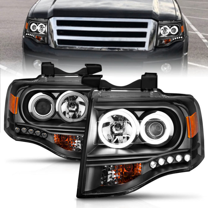 Phares de projecteur ANZO 2007-2014 Ford Expedition avec halo noir