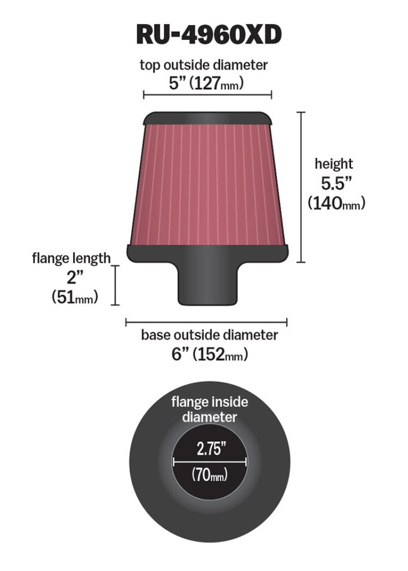 K&N Filter Universal Clamp-On Filter-Round Tapered 2.75in Flange ID x 6in Base OD x 5in Top OD