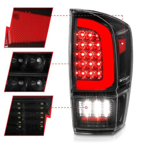 Feux arrière à LED ANZO 16-21 Toyota Tacoma - avec barre lumineuse séquentielle, boîtier noir et lentille transparente
