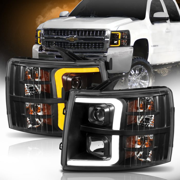 Phares de projecteur de style planche ANZO 07-13 Chevrolet Silverado 1500 noir avec ambre