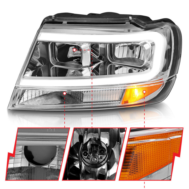 Phares en cristal ANZO 1999-2004 Jeep Grand Cherokee avec barre lumineuse et boîtier chromé