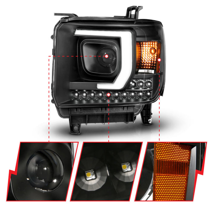 Phare de style planche de projecteur ANZO 2014-2015 Gmc Sierra 1500HD noir avec feux de jour