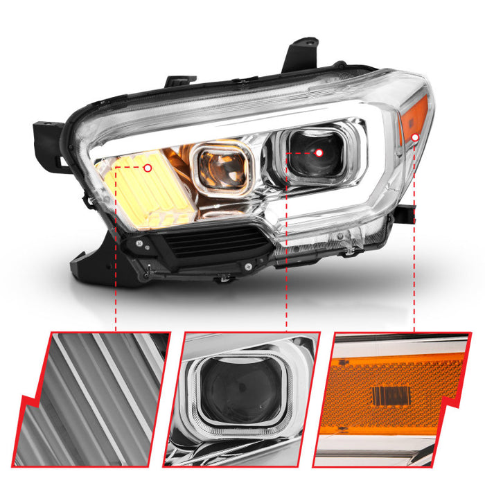 Phares de projecteur ANZO 2016-2017 Toyota Tacoma avec design de style planche Chrome/ambre avec DRL