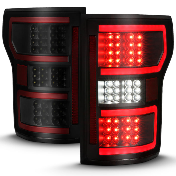 Feu arrière à LED ANZO 18-19 Ford F-150, boîtier noir, lentille transparente, barre lumineuse rouge avec séquentiel