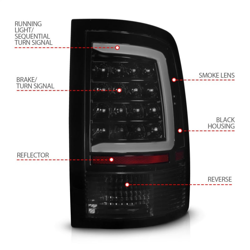 Feux arrière à LED ANZO 09-18 Dodge Ram 1500 avec boîtier noir séquentiel/lentille fumée