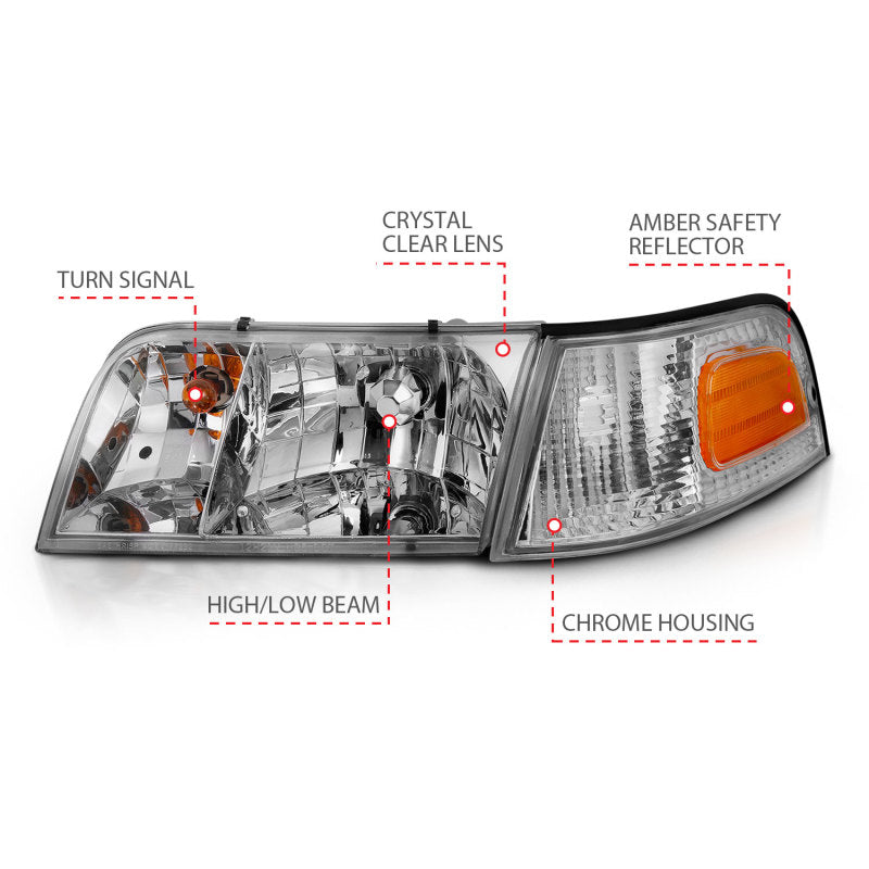 Phare avant ANZO 1998-2005 Ford Crown Victoria Crystal Chrome avec éclairage de pare-chocs (OE)