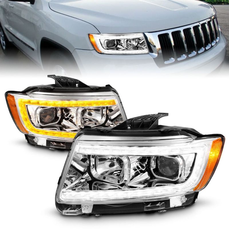 ANZO 11-13 Jeep Grand Cherokee (halogène d'usine uniquement) Phares de projecteur avec barre lumineuse Swchbk Chrome