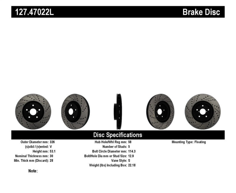 Rotor avant gauche rainuré et percé StopTech pour Subaru Impreza WRX/STi 05-10