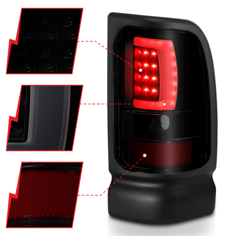 Feux arrière à LED ANZO 1994-2001 Dodge Ram 1500 style planche noir avec lentille fumée