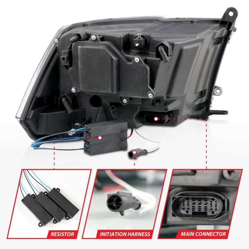 ANZO 09-18 Dodge Ram 1500/2500/3500 Phares de projet entièrement à LED avec barre lumineuse Switchback - Noir