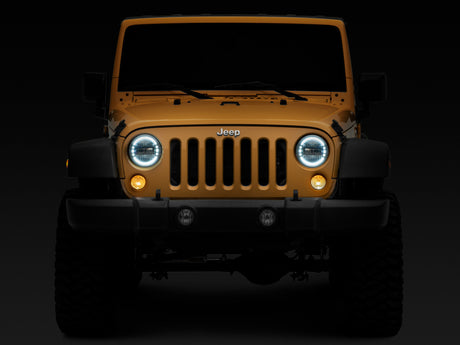 Phares à LED axiaux Raxiom 97-18 Jeep Wrangler TJ/JK 7 pouces avec DRL - Boîtier noir (lentille transparente)