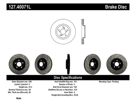 Rotor avant gauche fendu et percé StopTech 07-08 Acura MDX SportStop