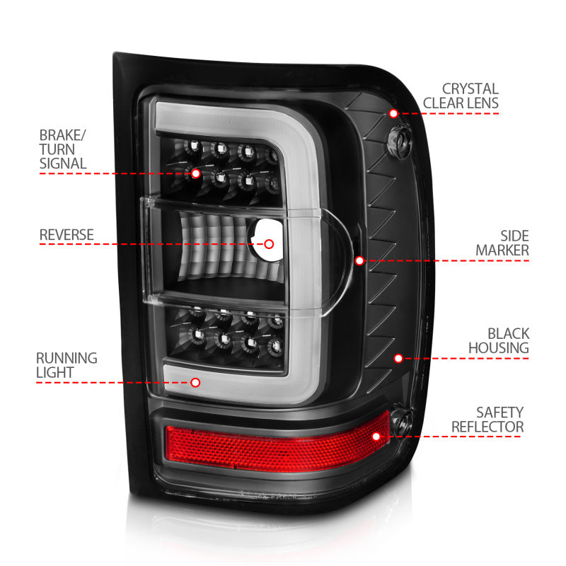 Feux arrière à LED ANZO 2001-2011 Ford Ranger avec barre lumineuse, boîtier noir, lentille transparente