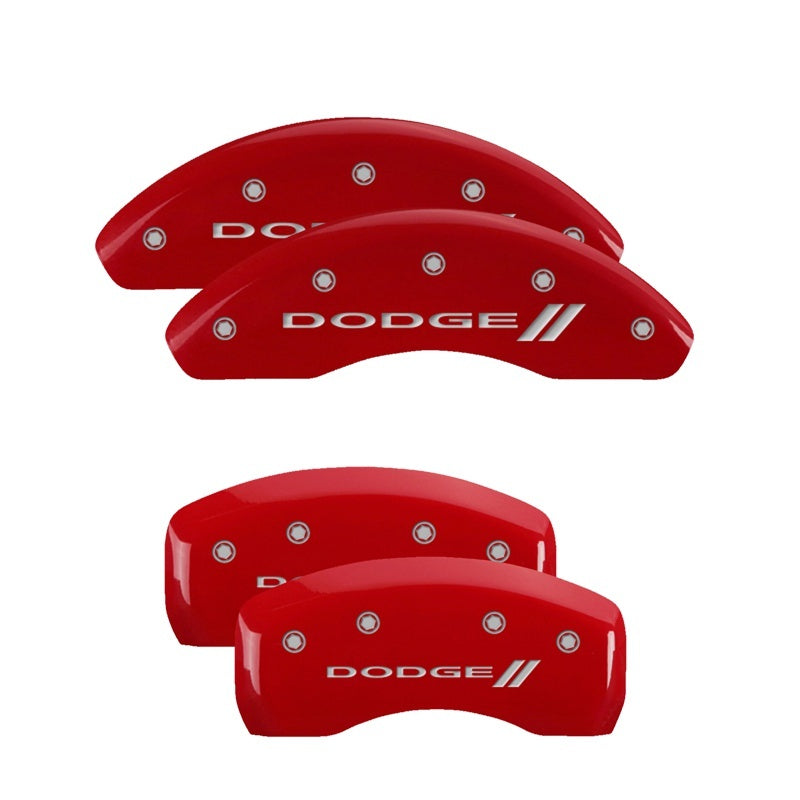 MGP 4 Caliper Covers Engraved Front & Rear With stripes/Dodge Red finish silver ch