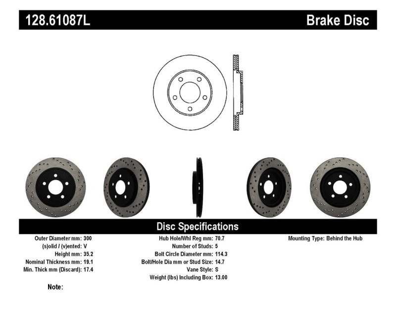 Disque de frein arrière gauche percé transversalement StopTech 05-10 Ford Mustang V6/4.0L / GT V8/4.6L