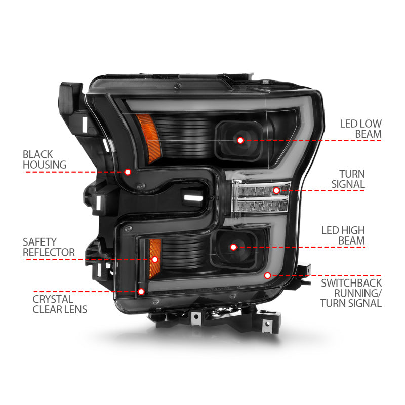Phares de projecteur à LED ANZO 15-17 Ford F-150 - avec interrupteur de barre lumineuse et boîtier noir