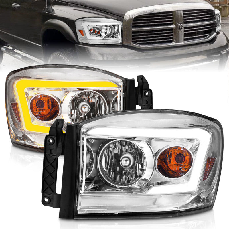 Phares Anzo 06-09 Dodge RAM 1500/2500/3500 Boîtier chromé/lentille transparente (avec barres lumineuses Switchback)