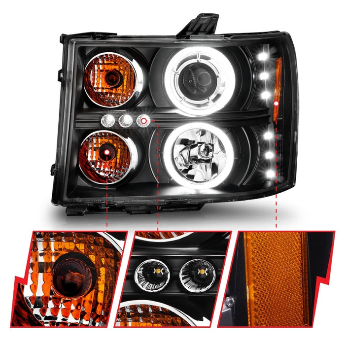 Phares de projecteur ANZO 2007-2013 Gmc Sierra 1500 avec halo noir