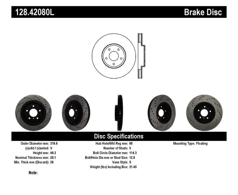 Rotor avant gauche percé StopTech 08-09 Infiniti EX35 / 05-08 G35 / 09 G37 / 06-09 M35/M45