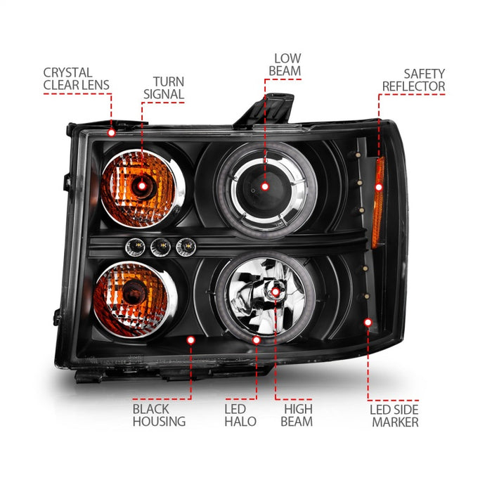 Phares de projecteur ANZO 2007-2013 Gmc Sierra 1500 avec halo noir