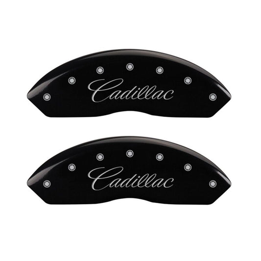 MGP 4 Caliper Covers Engraved Front Cursive/Cadillac Engraved Rear SRX Black finish silver ch