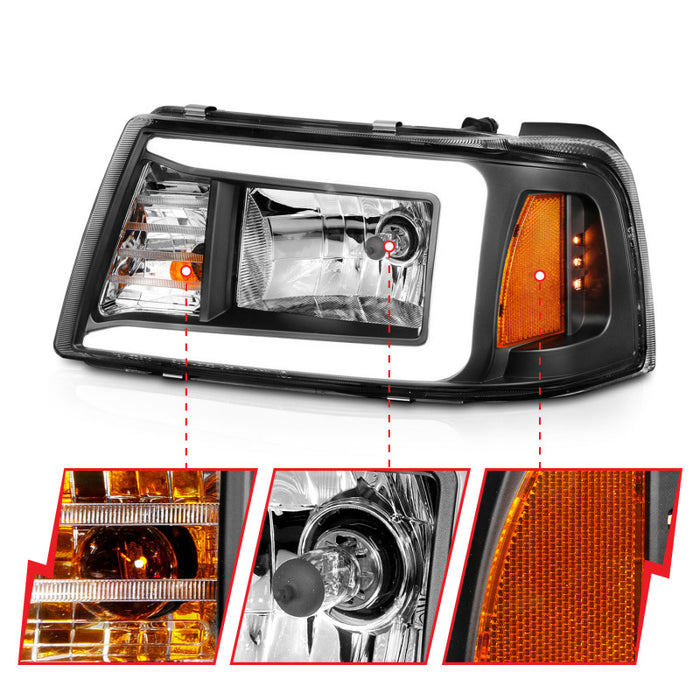 Phares en cristal ANZO 2001-2011 Ford Ranger avec barre lumineuse et boîtier noir