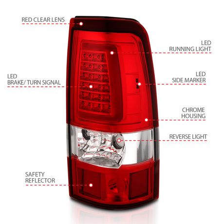 Feux arrière à LED ANZO 1999-2002 Chevy Silverado 1500 style planche chromé avec lentille rouge/transparente