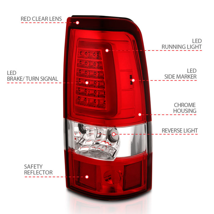 Feux arrière à LED ANZO 1999-2002 Chevy Silverado 1500 style planche chromé avec lentille rouge/transparente