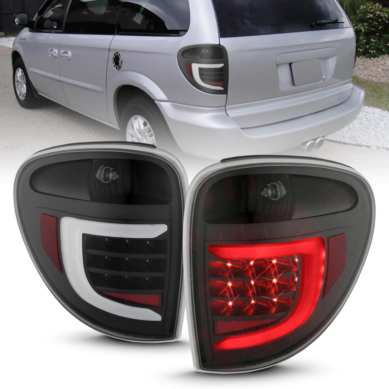 Feux arrière à LED ANZO 2004-2007 Dodge Grand Caravan avec barre lumineuse, boîtier noir, lentille transparente