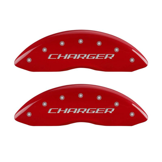 MGP 4 Caliper Covers Engraved Front & Rear Block/Charger Red finish silver ch