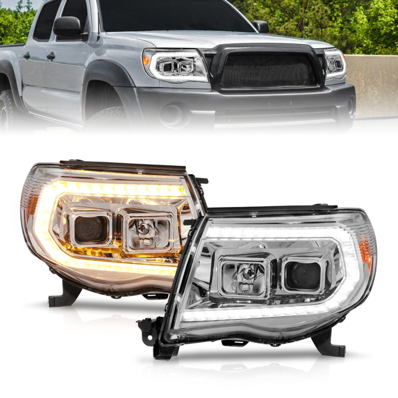 Phares de projecteur ANZO 05-11 Toyota Tacoma avec boîtier chromé à interrupteur de barre lumineuse