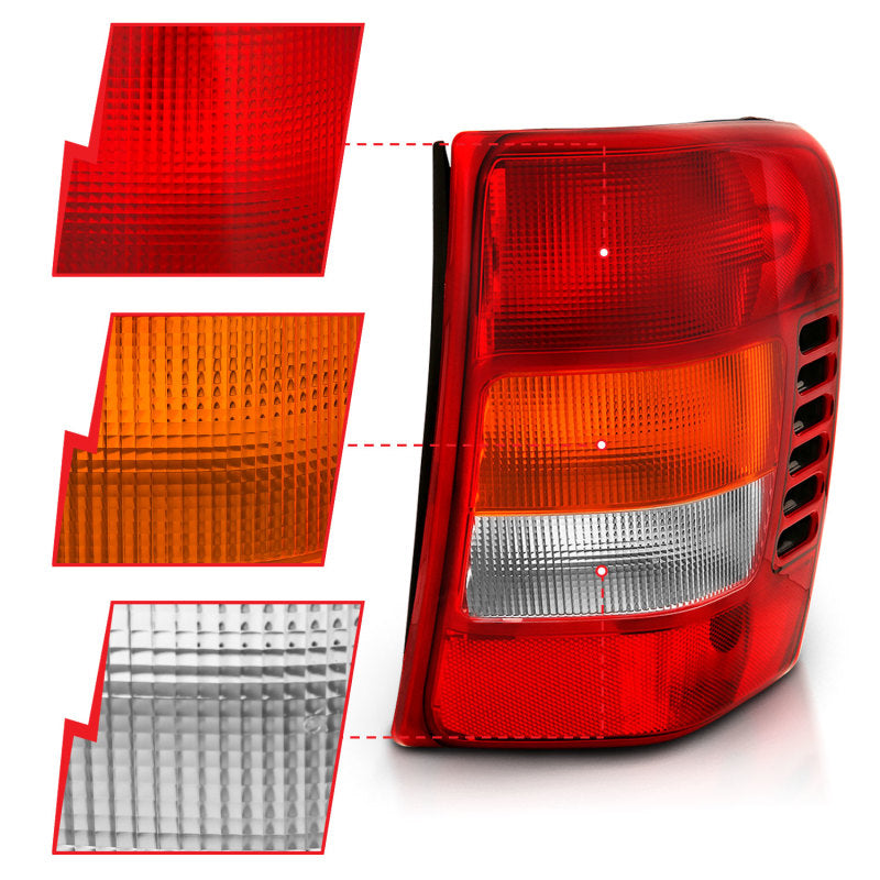 Feu arrière ANZO 1999-2004 Jeep Grand Cherokee, lentille rouge/transparente (remplacement OE)