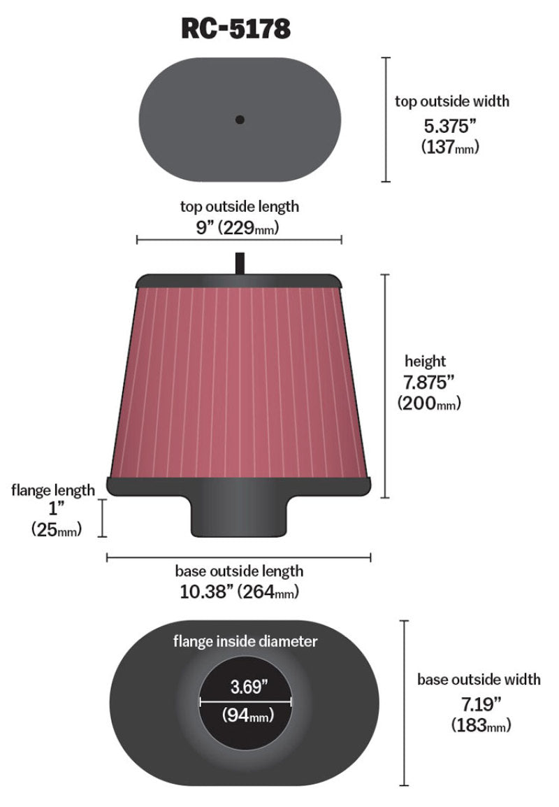 K&N Universal Air Filter - Oval Straight - 3.688in Flange ID x 10.25in Base O/S Length x 7.875in H