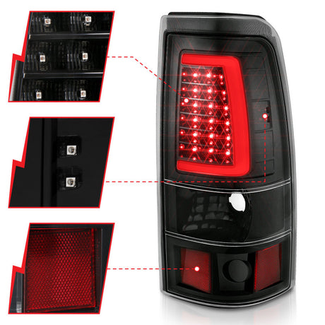 Feux arrière à LED ANZO 1999-2002 Chevy Silverado 1500 style planche noir avec lentille transparente