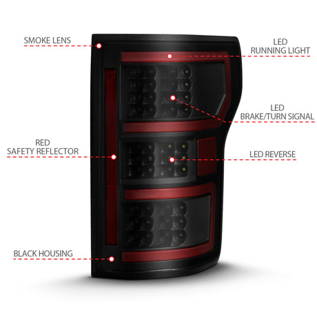 Feu arrière à LED ANZO 18-19 Ford F-150, boîtier noir, lentille transparente, barre lumineuse rouge avec séquentiel