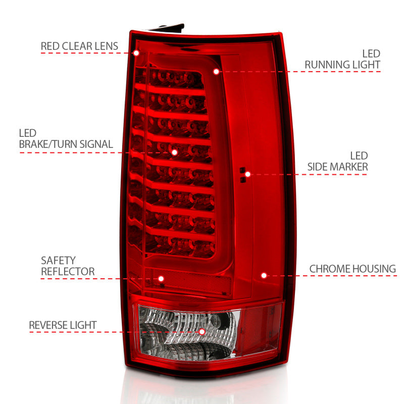 Feu arrière à LED ANZO 2007-2014 Chevy Tahoe style planche chromée avec lentille rouge/transparente